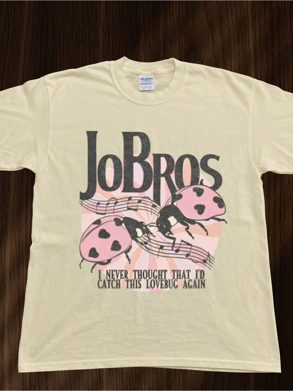 Gildan Cream T-Shirt with Pink Ladybug Jonas Brothers Tour Graphic
